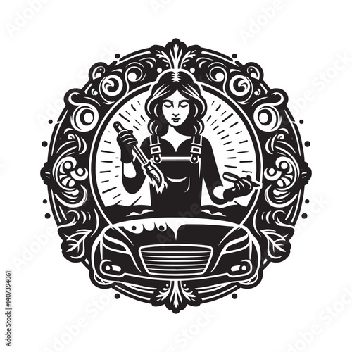 Detailed Illustration of a Female Mechanic with Car in Ornate Frame