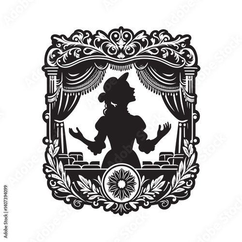 Dramatic silhouette of a woman performing onstage in an ornate theater