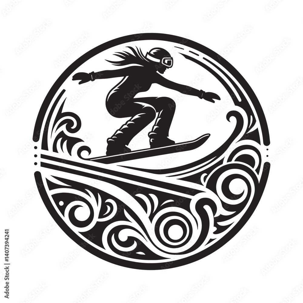 Dynamic snowboarder silhouette art nouveau illustration for winter sports Dynamic snowboarder silhouette art nouveau illustration for winter sports