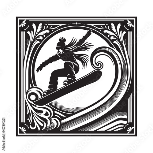 Dynamic snowboarder silhouette artfully framed with swirling design elements