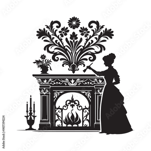 Elegance and charm with fireplace decor, woman painting home interior