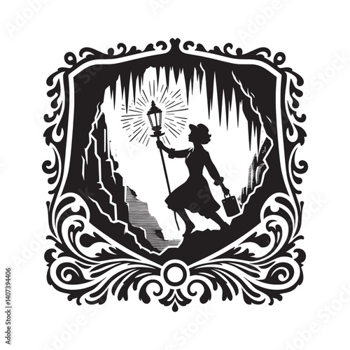 Elegance silhouette of woman exploring cavern with illuminated lantern
