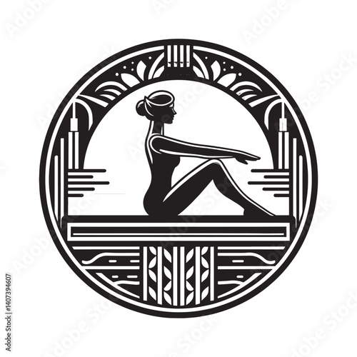 Elegant art deco illustration featuring a woman practicing pilates exercise