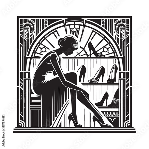 Elegant art deco illustration of a woman trying shoes in boutique