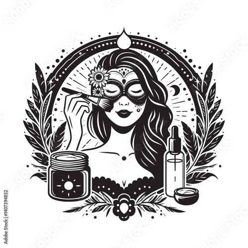 Elegant beauty ritual illustration with woman applying facial mask treatment