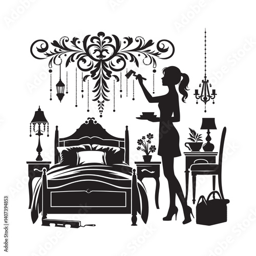 Elegant bedroom decor with a woman adding artistic details silhouette art