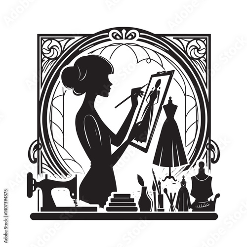 Elegant black and white fashion designer silhouette creating a new collection