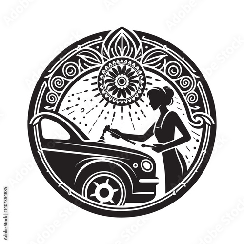 Elegant black and white depiction of a female auto body specialist