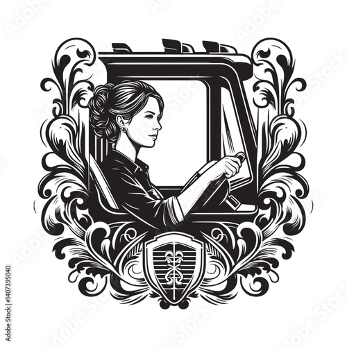Elegant depiction of a woman driving a large commercial vehicle black and white