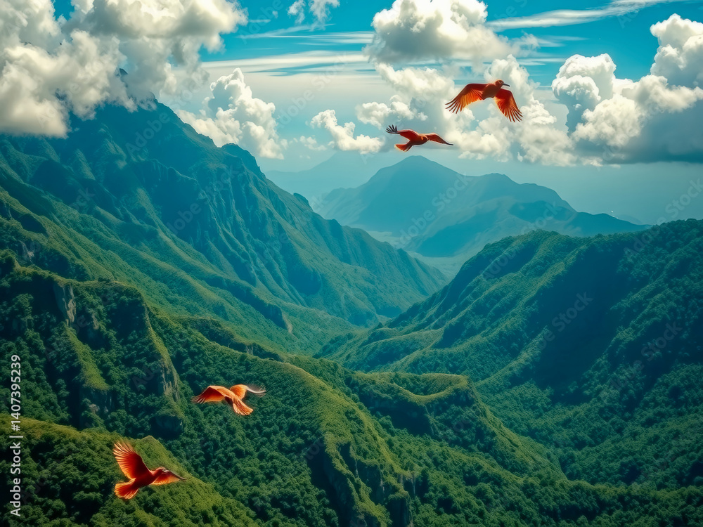 Three birds flying over a lush green mountain range. The birds are in the air and are flying in different directions. The sky is cloudy, and the mountains are covered in trees