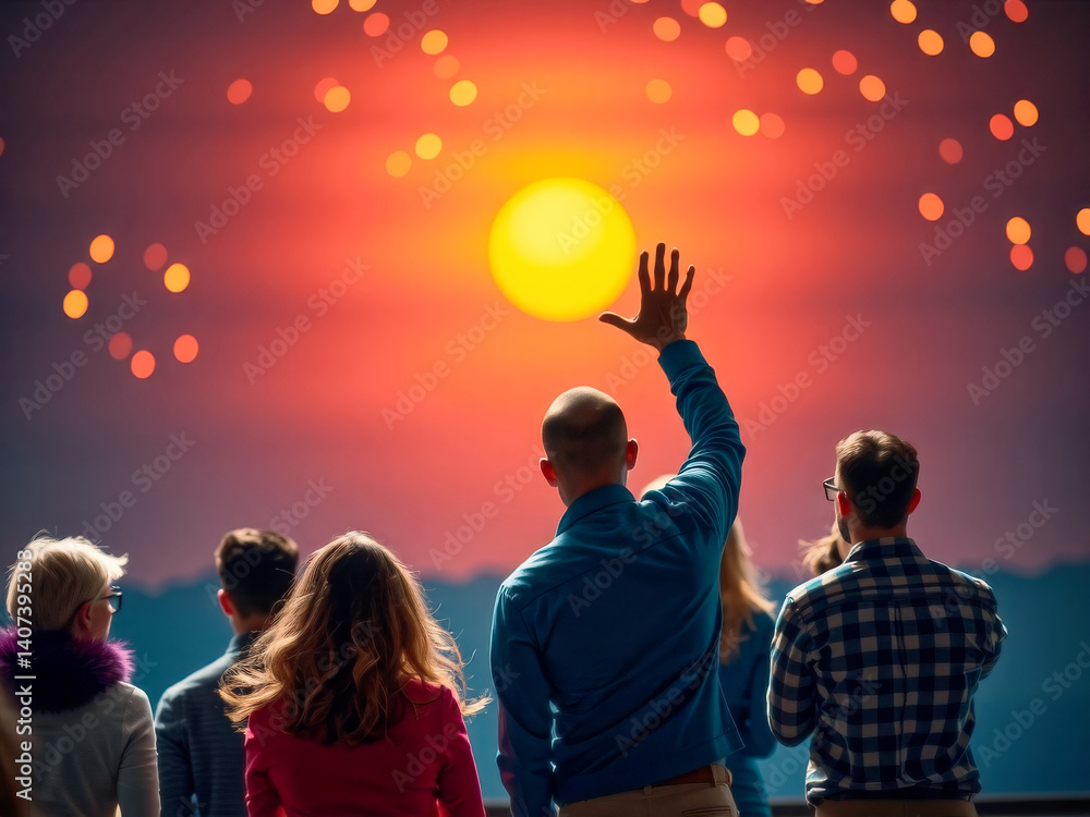 A group of people are watching a sunset and one man is waving his hand. Scene is peaceful and serene, as the group of people are gathered together to enjoy the beautiful sunset