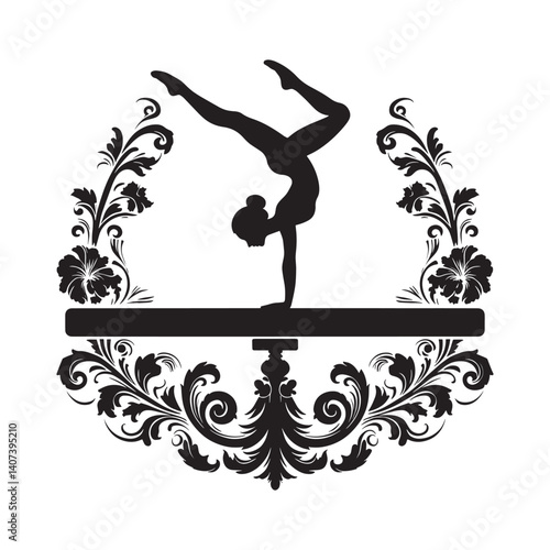 Elegant gymnastics silhouette on balance beam with floral ornamentation