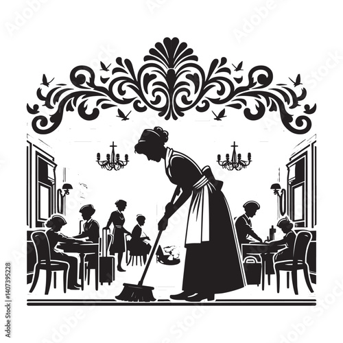 Elegant Hotel Scene Housekeeper Sweeping Room in Ornate Interior Style
