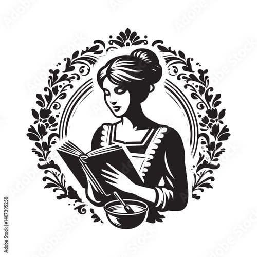 Elegant illustration of woman immersed in a cookbook while preparing food