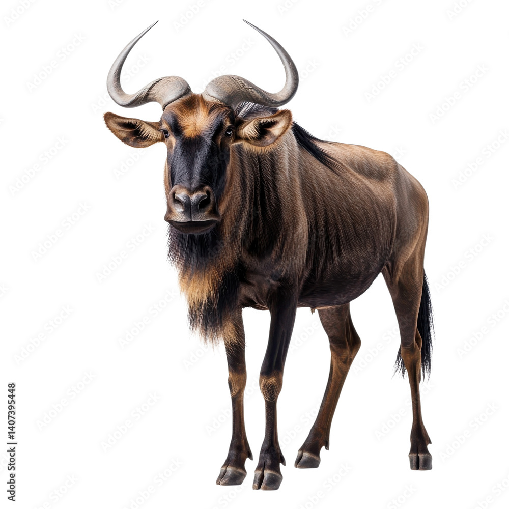 Captivating Blue Wildebeest in Natural Habitat Showcasing Majestic Features Perfect for Wildlife Themes isolated on transparent background.