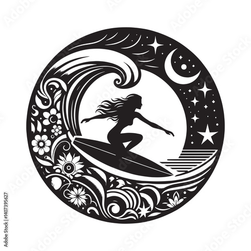 Elegant monochrome design woman surfer riding a wave under starry moonlight