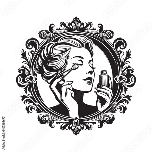 Elegant monochrome illustration of woman applying brightening eye cream delicately