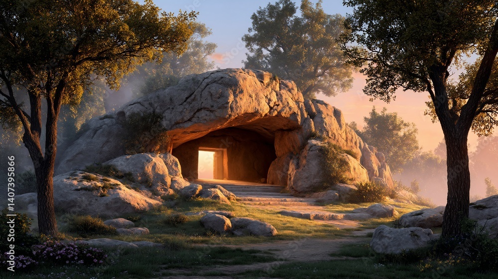 Obraz premium Sunrise illuminates cave entrance nestled in tranquil forest