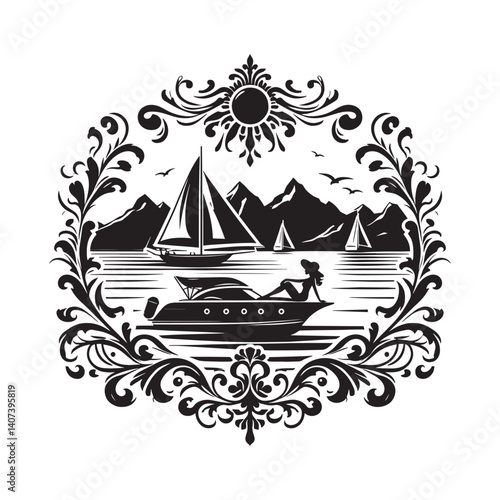 Elegant ocean escape illustration with yacht and woman silhouette