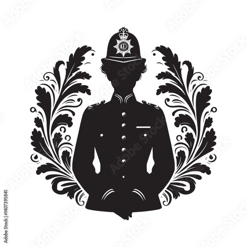 Elegant police officer silhouette with ornamental flourishes and regal hat