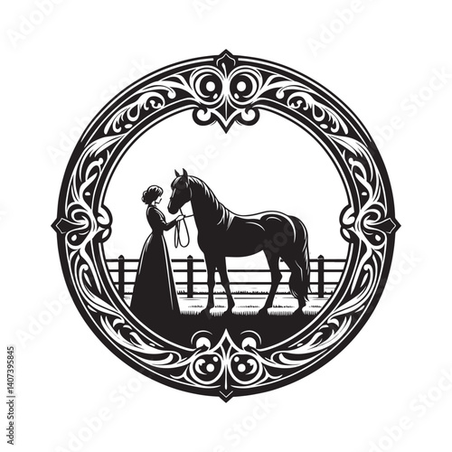 Elegant scene featuring woman training a horse, framed in ornate art nouveau style