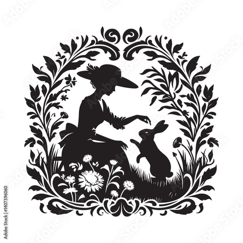Wallpaper Mural Elegant silhouette design featuring woman interacting with a rabbit in garden Torontodigital.ca