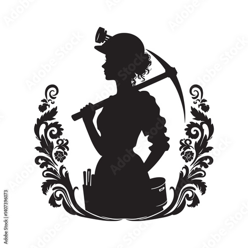 Elegant silhouette depiction of a female miner framed with flourishes
