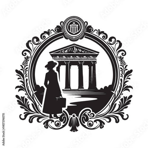 Elegant silhouette illustration depicting a woman visiting ancient architecture