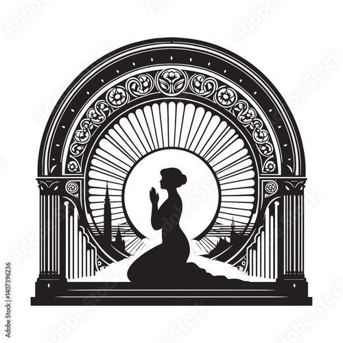 Elegant silhouette illustration of a woman praying within ornate architecture