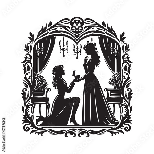 Elegant silhouette illustration of a woman proposing to her girlfriend