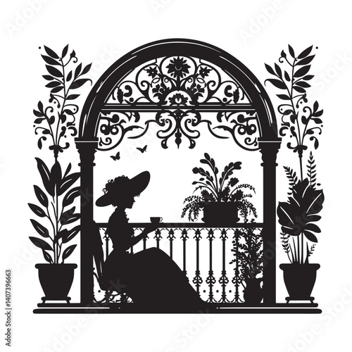 Elegant silhouette of a lady on a balcony surrounded by potted plants