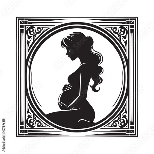Elegant silhouette of a pregnant woman with ornamental frame design art