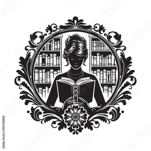 Elegant silhouette of a woman absorbed in reading a classic novel in a library