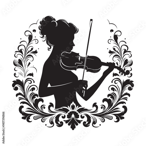 Elegant silhouette of a violinist framed by ornate floral design