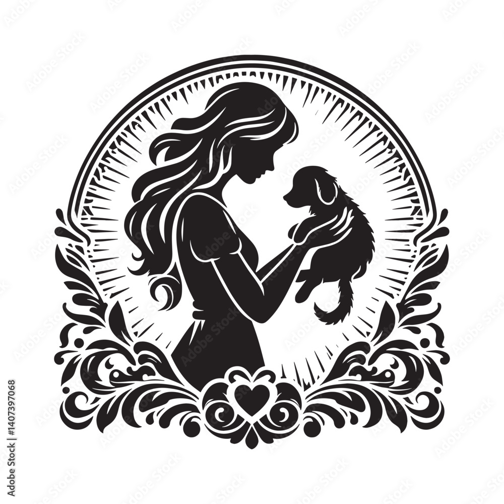 Fototapeta premium Elegant silhouette of a woman embracing a puppy with floral frame decor