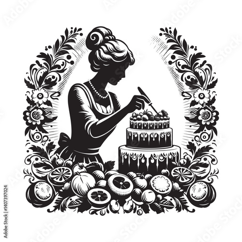 Elegant silhouette of a woman decorating a tiered cake with fresh fruits