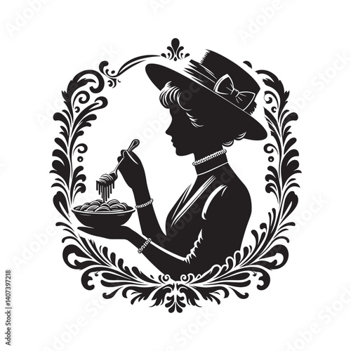Elegant silhouette of a woman enjoying a pasta dish amidst Victorian flourish