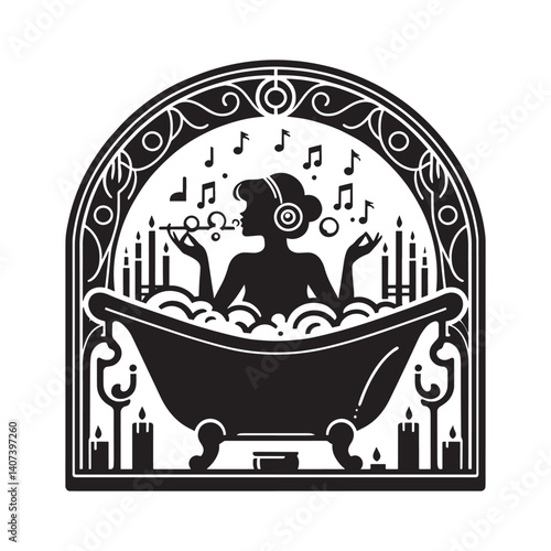Elegant silhouette of a woman enjoying a serene bubble bath with candles