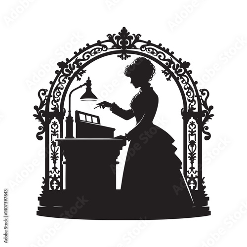 Elegant silhouette of a woman in vintage attire at a ticket window booth