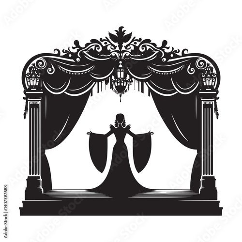 Elegant silhouette of a woman on stage in a classic opera setting design