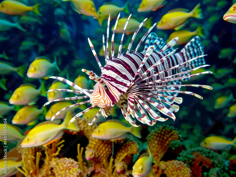 A fish with a long tail and a striped body swims in front of a school of yellow fish
