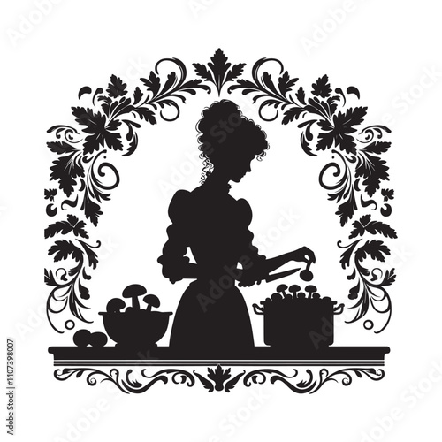 Elegant silhouette of a woman preparing mushrooms with vintage flair