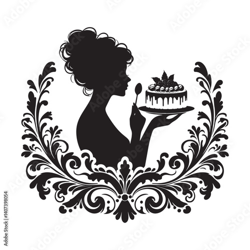 Elegant Silhouette of a Woman Presenting a Cake with Victorian Flourishes