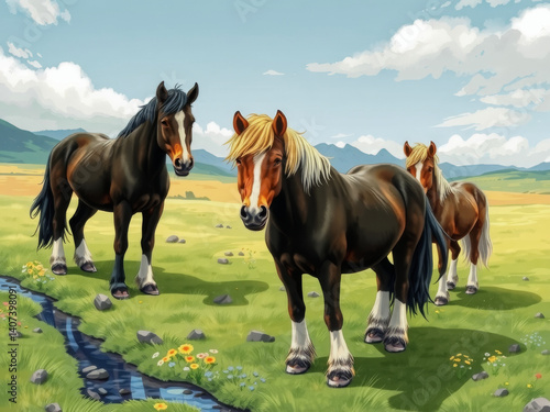 Three horses standing in a field with a river in the background. The horses are brown and white, and they are all facing the camera. The scene has a peaceful and serene mood
