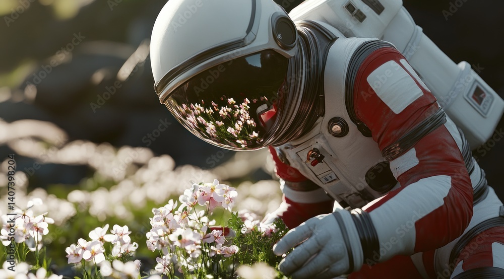 Naklejka premium Astronaut Exploring Alien Flora: A Vision of Planetary Discovery and Botanical Wonder