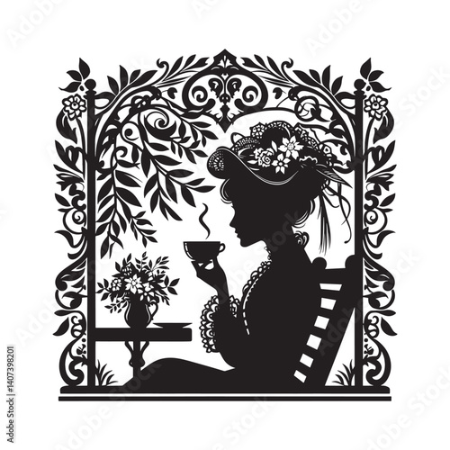 Elegant silhouette of a woman savoring tea in a decorative outdoor setting