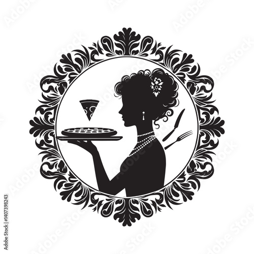 Elegant silhouette of a woman serving pizza in a victorian decorative frame