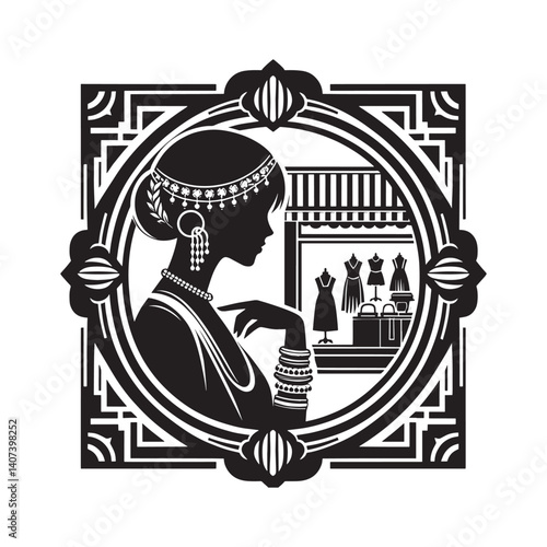 Elegant silhouette of a woman shopping at a boutique with a vintage touch