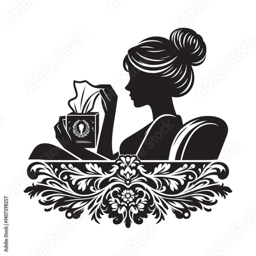 Elegant silhouette of a woman watching emotional content with tissues