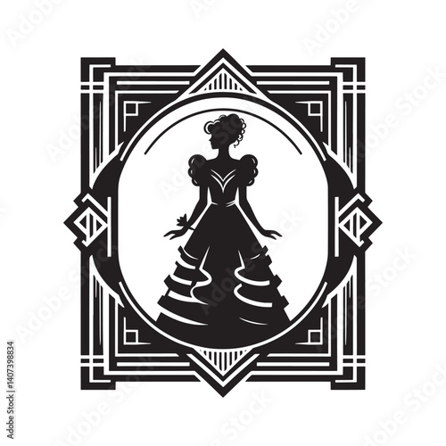 Elegant silhouette of woman in vintage prom dress with art deco frame